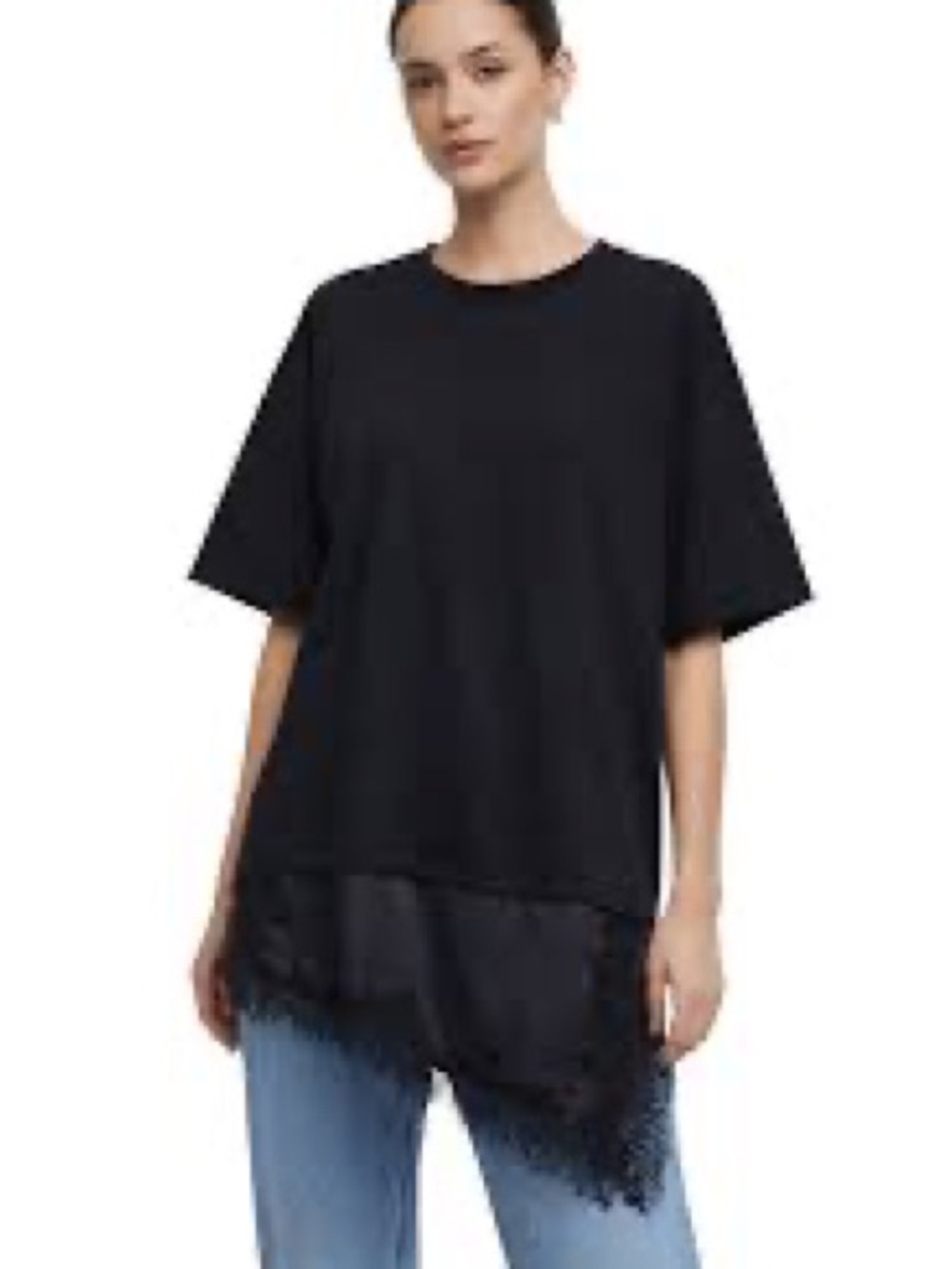 NWT Women's Black Short Sleeve Top with Satin & Lace Hem size Small